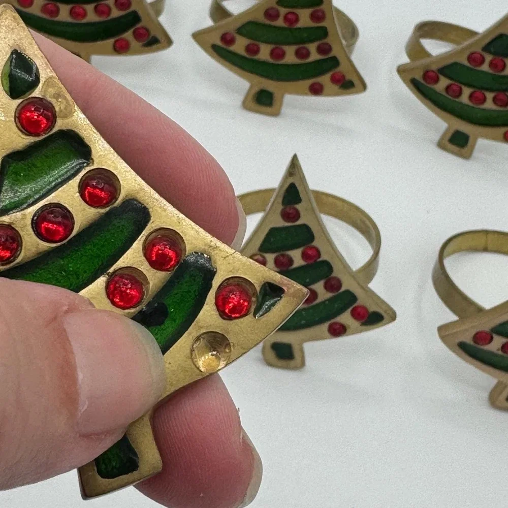 Vintage Brass Christmas Tree Napkin Rings Set of 8 Red Rhinestone Green Enamel